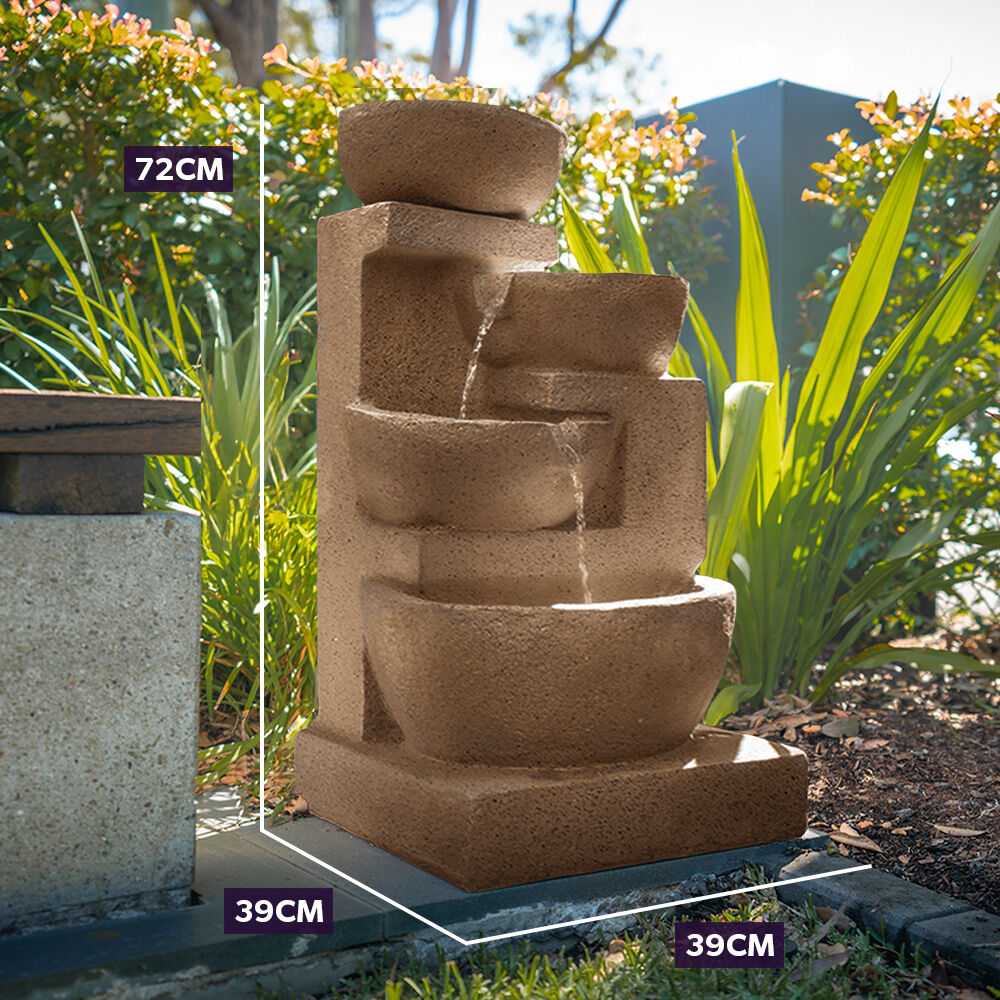 PROTEGE 4 Bowl Solar Powered Water Feature Fountain with LED Lights - Sand Colour