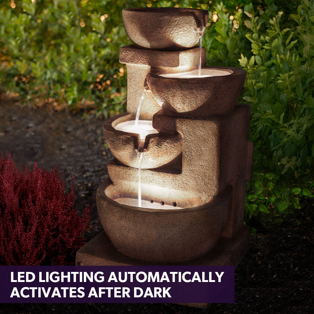 PROTEGE 4 Bowl Solar Powered Water Feature Fountain with LED Lights - Sand Colour