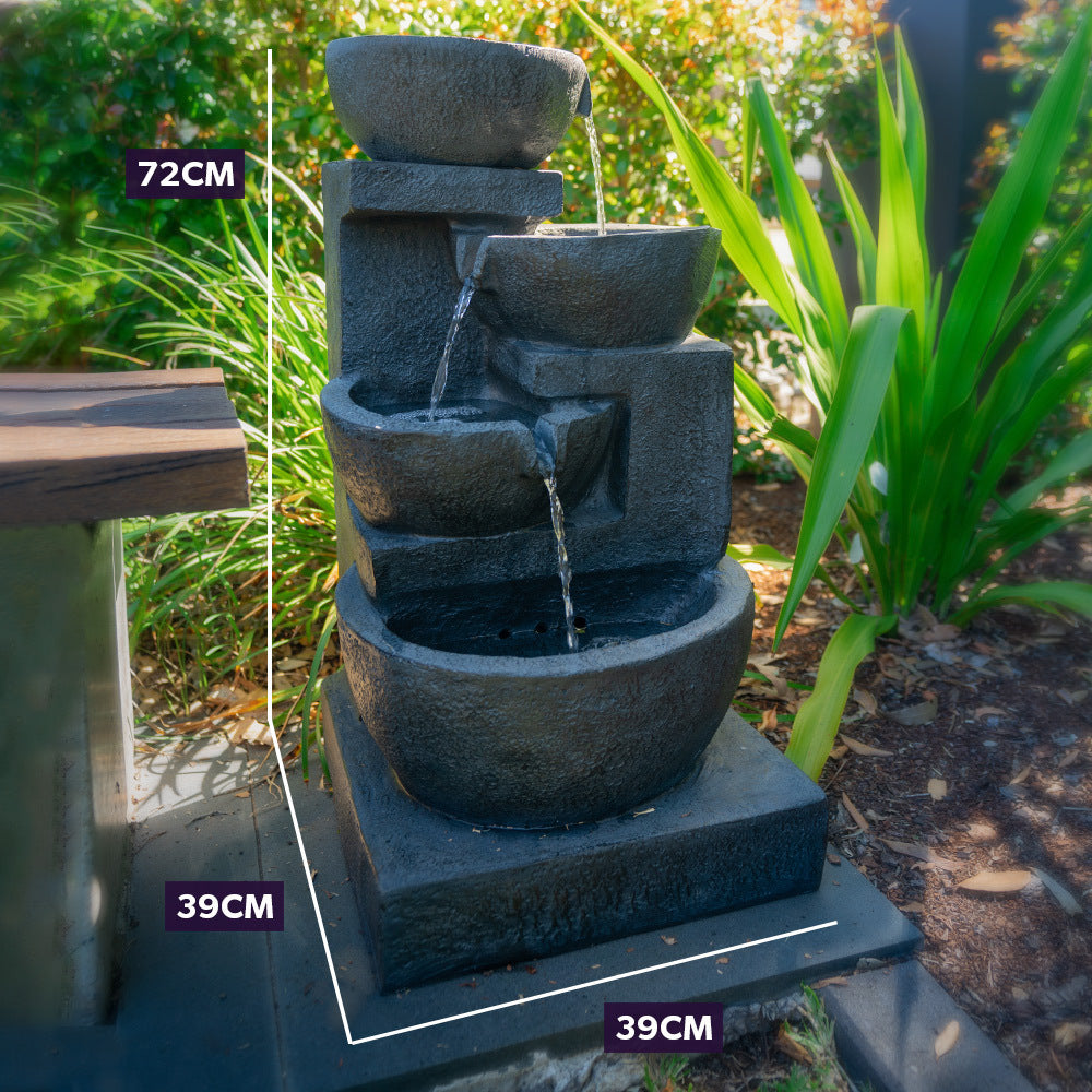 PROTEGE 4 Bowl Solar Powered Water Feature Fountain with LED Lights - Charcoal
