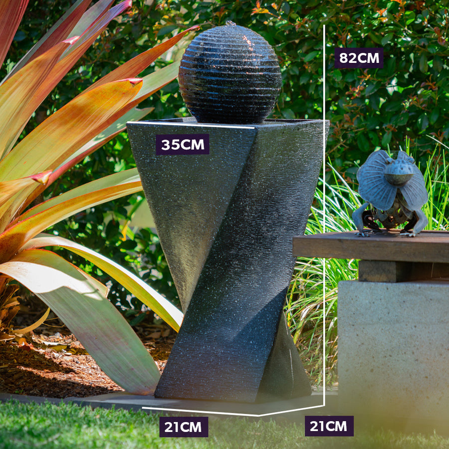 PROTEGE Contemporary Twisted Solar Powered Water Feature Fountain with LED Lights - Black
