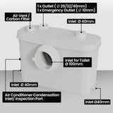 PROTEGE Macerator Pump, with 4 Inlet, for P-Trap Toilet, House, Bathroom, Shower, Sink, Washing Machine - Top-Down View