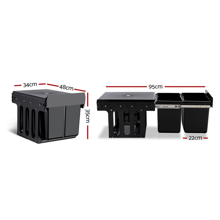 Cefito black double pull out kitchen bin with two 15L baskets, two lidded plastic bins