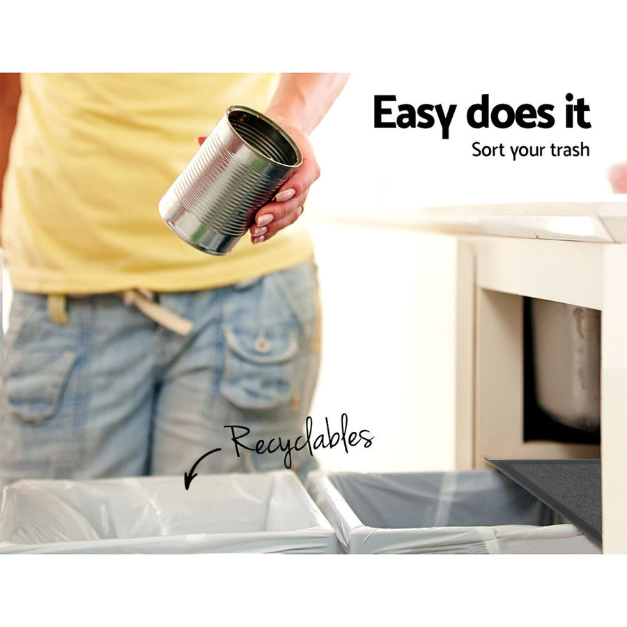 Cefito black double pull out kitchen bin with two 15L baskets, metal handles on each bin