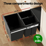 Cefito Pull Out Bin Kitchen Triple Slide Garbage Rubbish Bins Basket Blcak 31L - Top-Down View