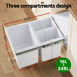 Cefito Pull Out Bin Kitchen Triple Slide Garbage Rubbish Bins Basket White 31L - Top-Down View