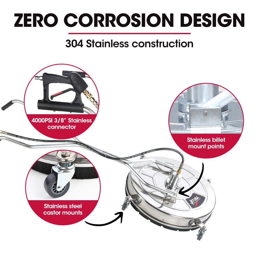 Jet-USA 24' Stainless Steel Pressure Washer Surface Cleaner, 3/8' Fitting, with Yoke Handlebar, For Concrete Driveway Patio Floor