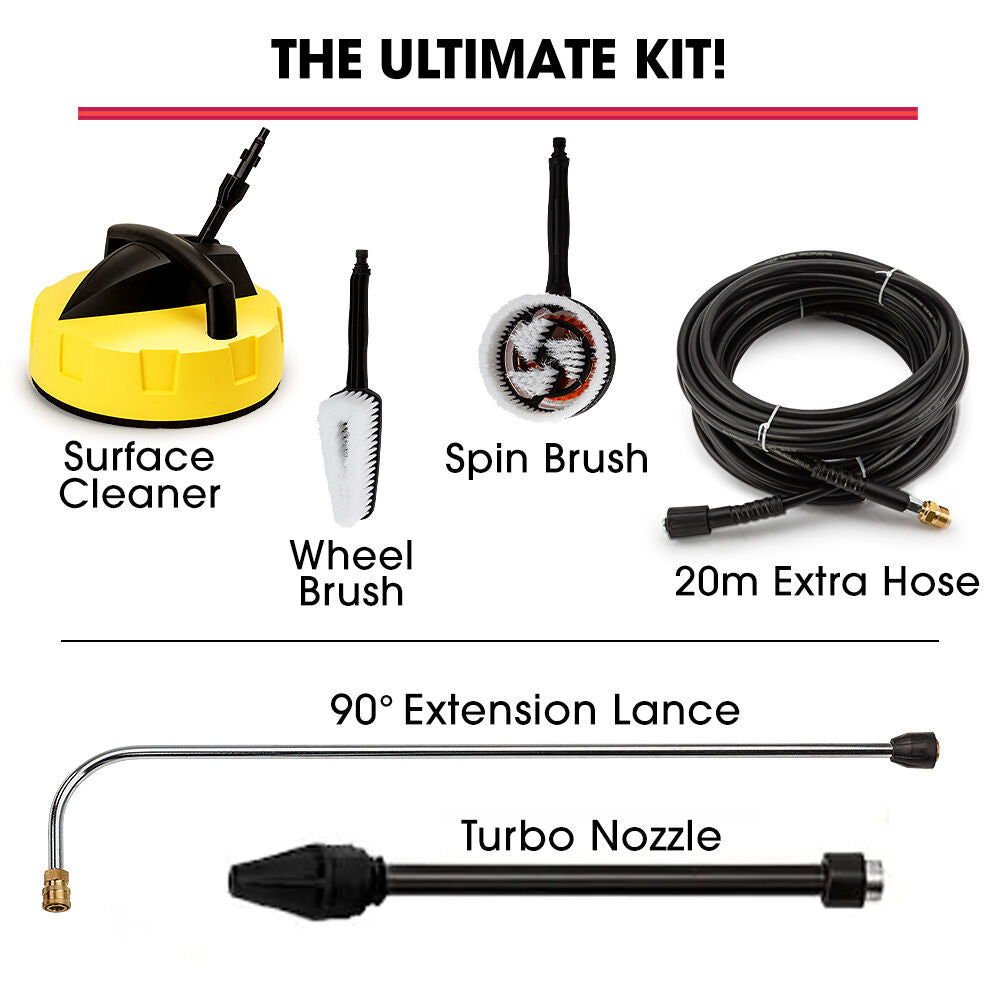 JET-USA RX550 Electric High Pressure Washer 3500PSI Ultimate Pack, 5 Nozzles, Spin & Wheel Brush, Deck Cleaner, Turbo Head, Angled Lance, 30M Hose