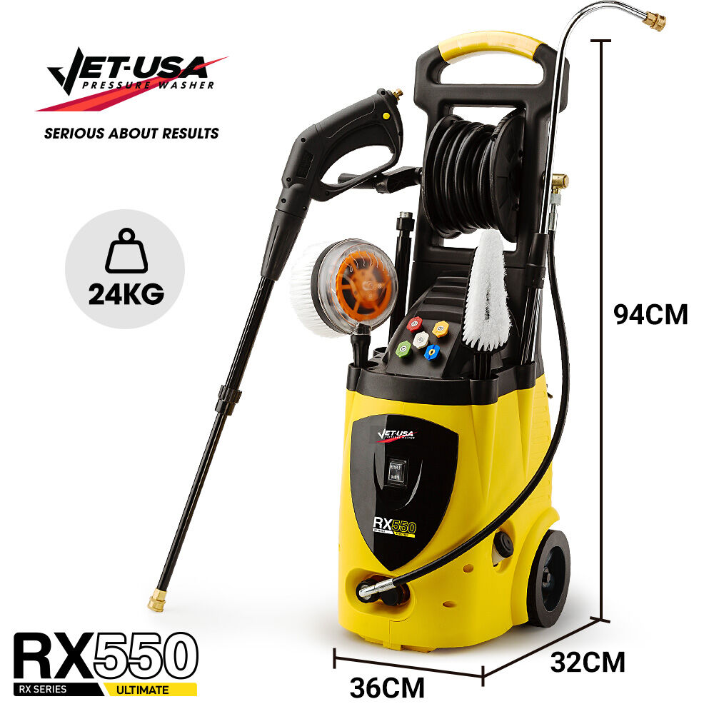 JET-USA RX550 Electric High Pressure Washer 3500PSI Ultimate Pack, 5 Nozzles, Spin & Wheel Brush, Deck Cleaner, Turbo Head, Angled Lance, 30M Hose
