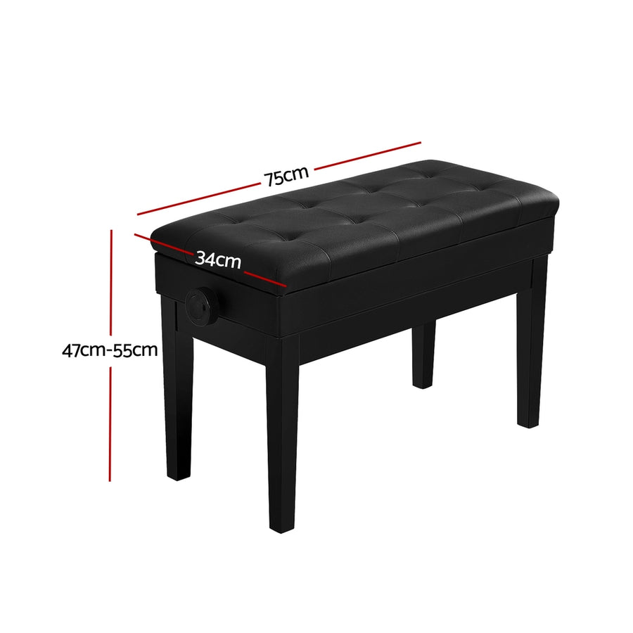 Alpha black piano bench with lift-up storage and PU leather seat, lift-up storage seat