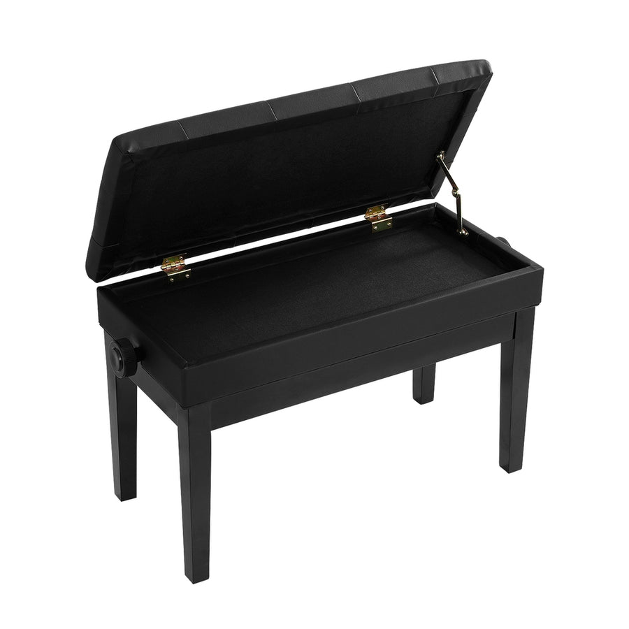 Alpha black piano bench with lift-up storage and PU leather seat, height adjustment knob