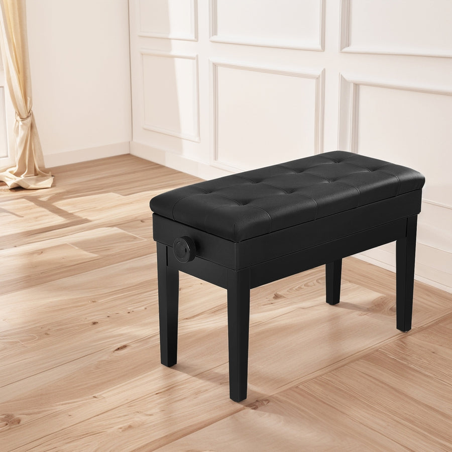 Alpha black piano bench with lift-up storage and PU leather seat, image 7