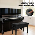 Alpha black piano bench with lift-up storage and PU leather seat, anti-slip legs