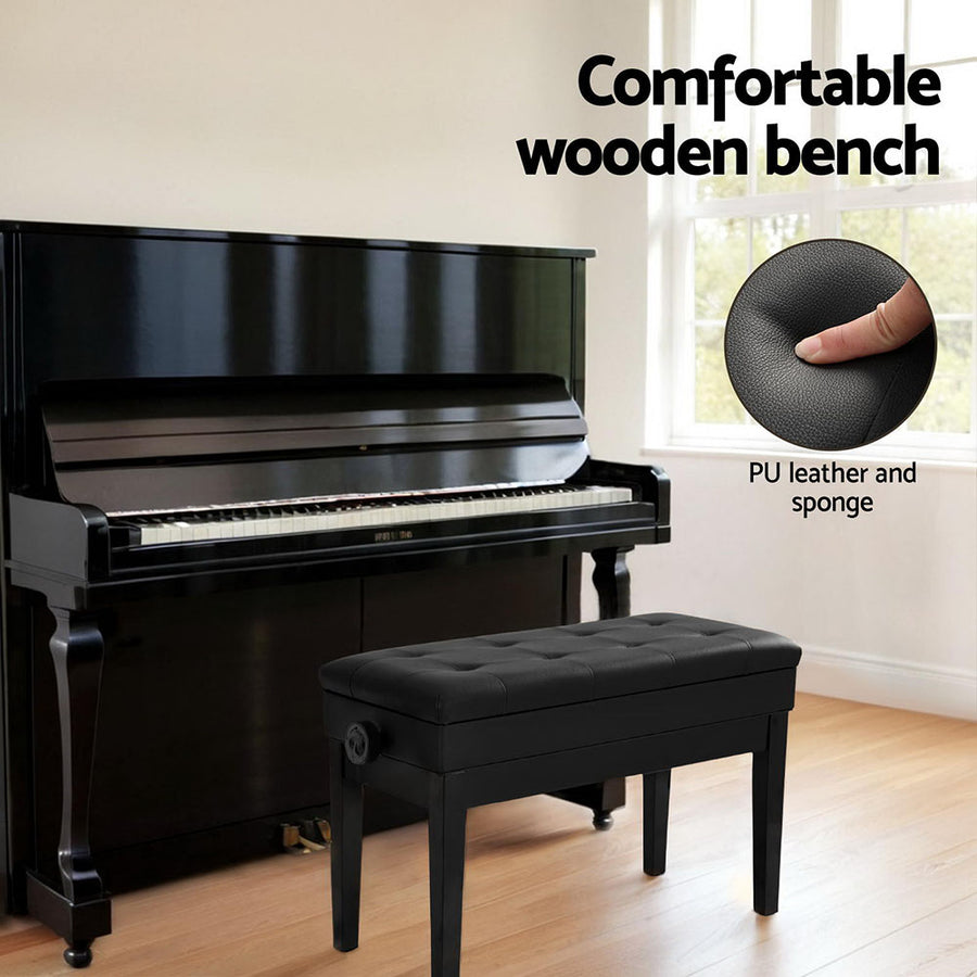 Alpha black piano bench with lift-up storage and PU leather seat, anti-slip legs