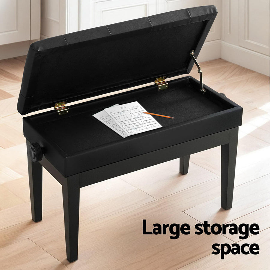 Alpha black piano bench with lift-up storage and PU leather seat, oak wood and metal frame