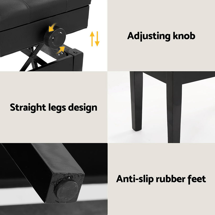 Alpha black piano bench with lift-up storage and PU leather seat, image 6
