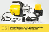 1200w Weatherised stainless auto water pump - Yellow - Close-Up Angle