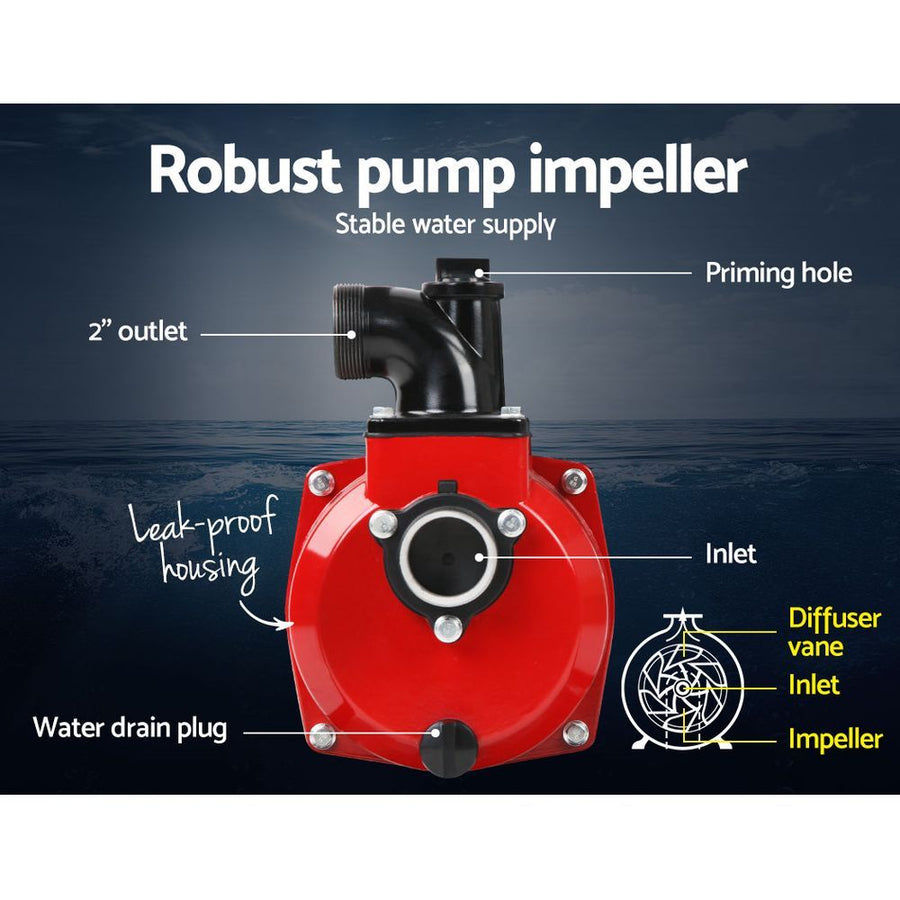 Giantz 2 inch petrol water pump with 210cc 4-stroke engine, black and red, shock-absorbing rubber feet