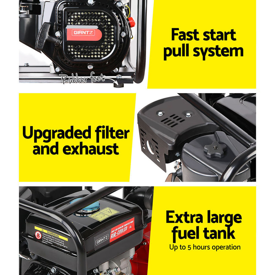 Giantz 2 inch petrol water pump with 210cc 4-stroke engine, black and red, hose fittings and inlet filter