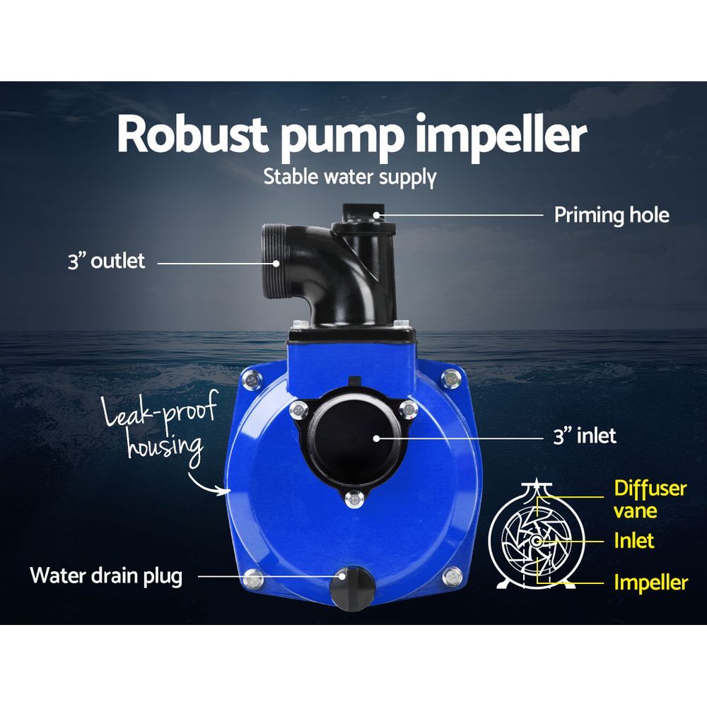 Giantz 3" Petrol Water Pump 7HP Max 4-Stroke 210cc High Flow 60,000L/H Max Transfer Engine, Fire Fighting Irrigation Rain Tank Pond Garden Farm, Includes Hose Fittings Inlet Filter & Rubber Feet, Blue