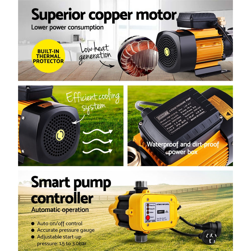 Giantz Garden Water Pump High Pressure 2500W Max 6-Stage Tank Irrigation Transfer Booster Yellow