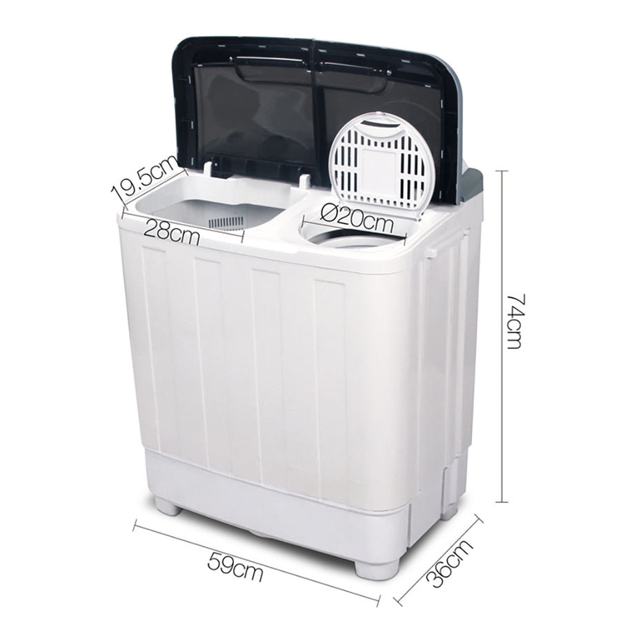 Devanti white 4.6kg portable twin tub washing machine, separate wash and spin tubs