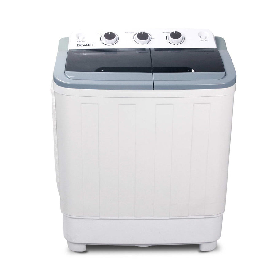 Devanti white 4.6kg portable twin tub washing machine, knob timer control