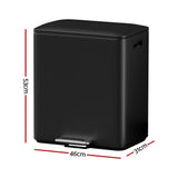 Cefito Pedal Bins Rubbish Bin Dual Compartment Waste Recycle Dustbins 40L Black - Front View