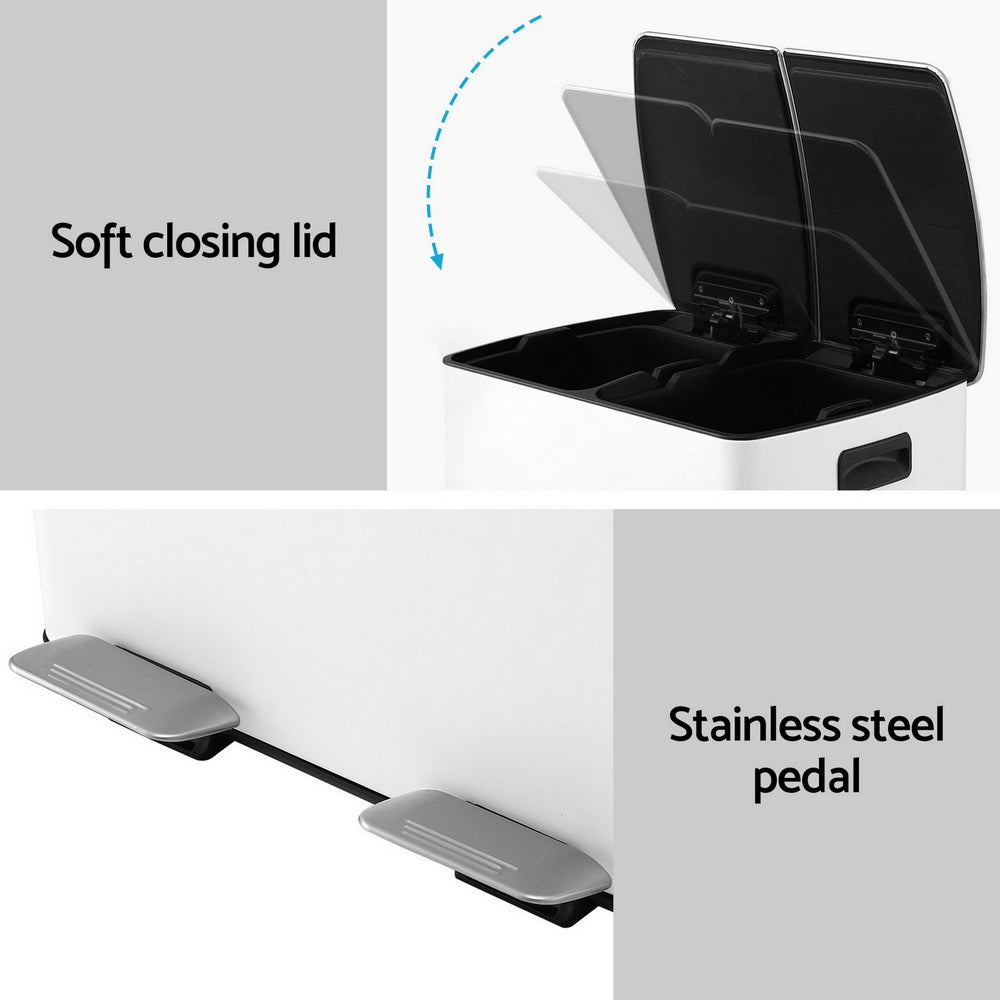 Cefito Pedal Bins Rubbish Bin Dual Compartment Waste Recycle Dustbins 40L White