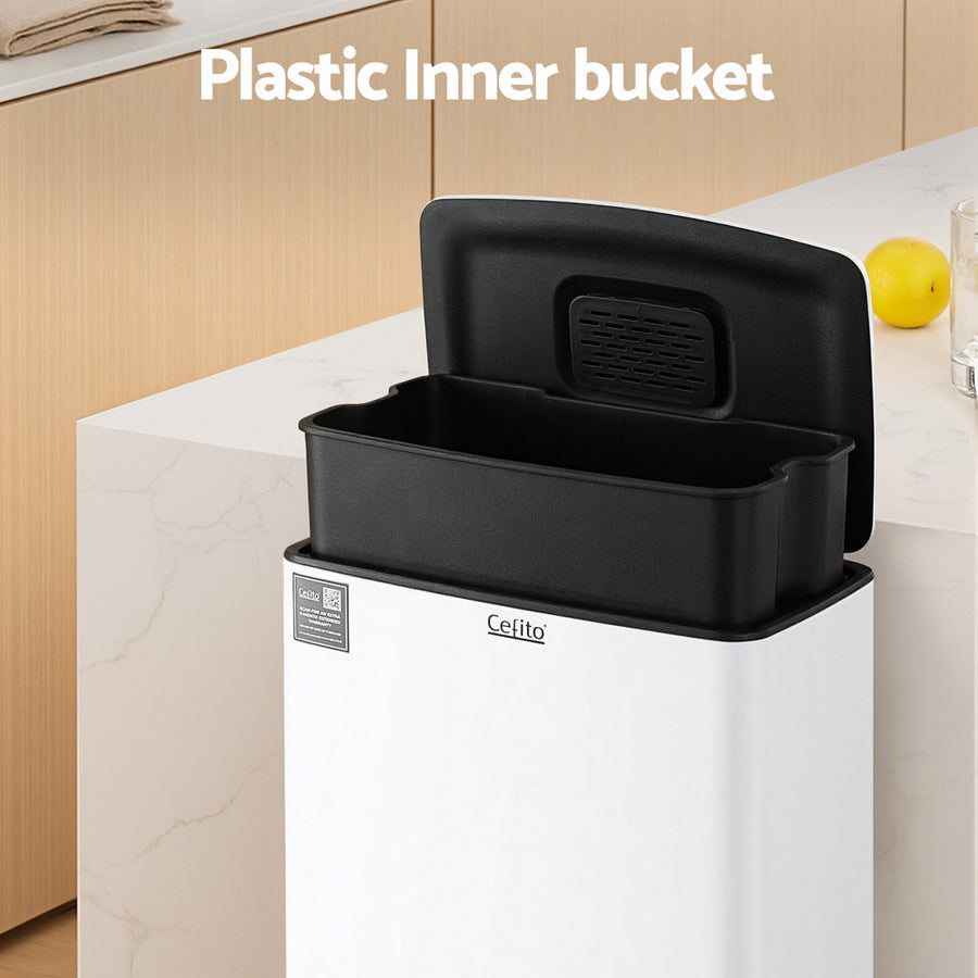 Cefito Pedal Bins Rubbish Bin Waste Recycle Dustbins Kitchen Trash Can 40L White