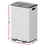 Cefito Pedal Bins Rubbish Bin Dual Compartment Waste Recycle Dustbins 60L White - Front View