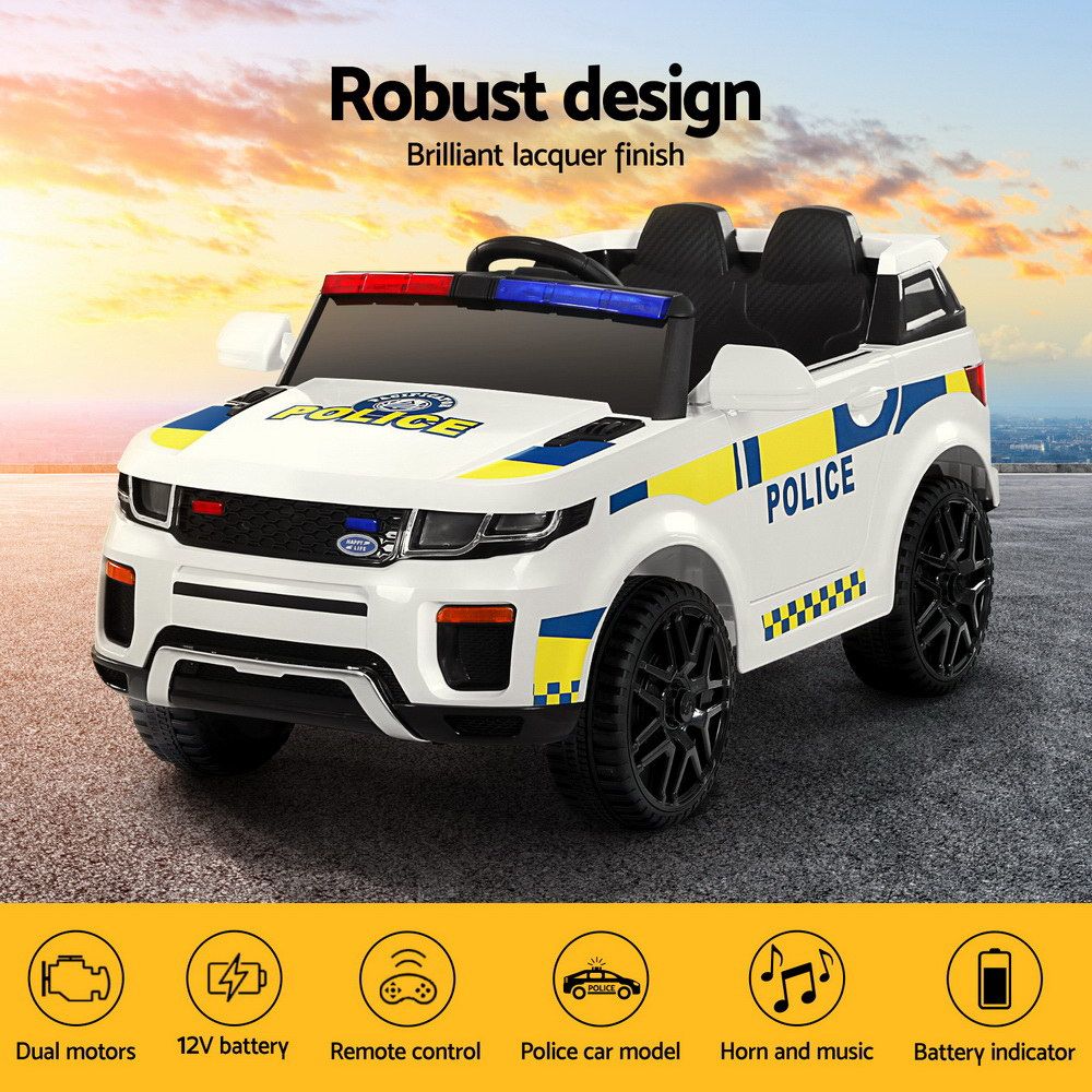Rigo Kids Electric Ride On Patrol Police Car Horn Music Remote White