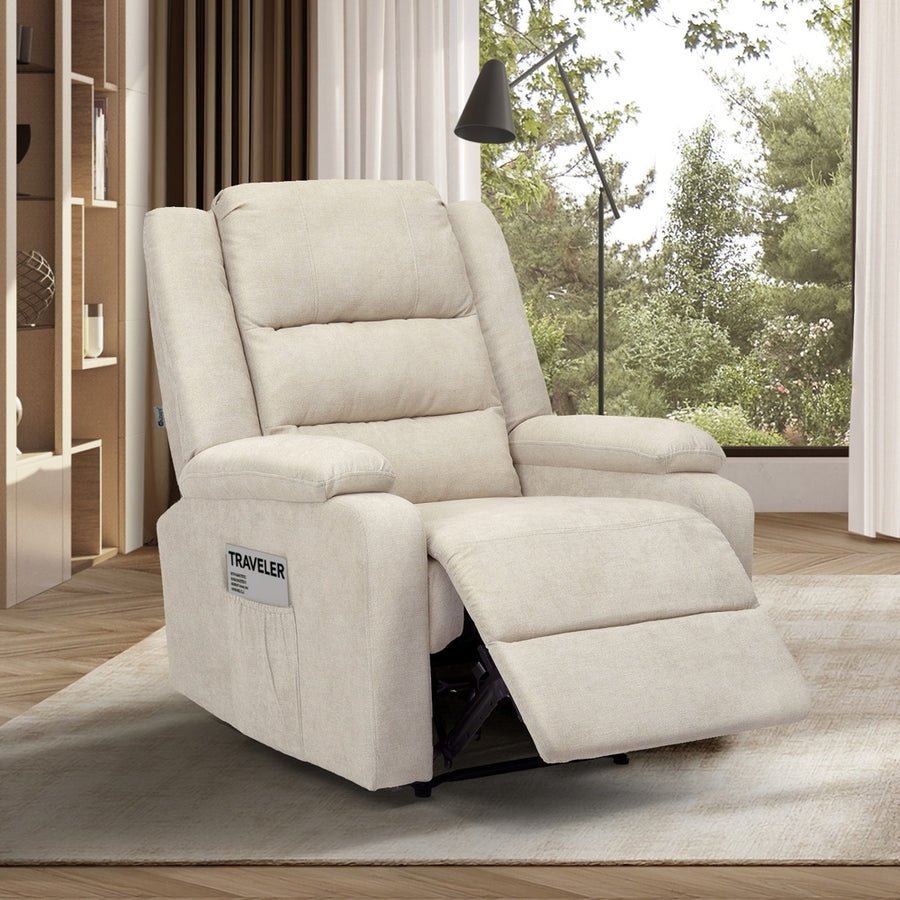 Oikiture Recliner Chair Padded Lounge With Side Pocket Polyester Beige, image 6