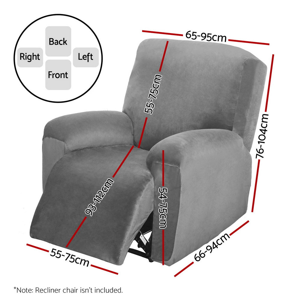 Plush Velvet Grey Recliner Chair Cover for 1 Seater by Artiss