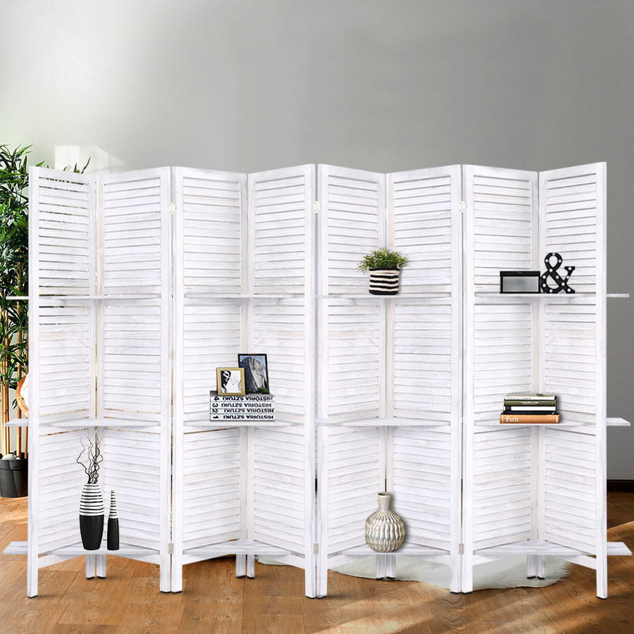 Artiss white 8 panel folding room divider screen with display shelves