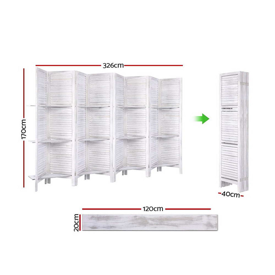 Artiss white 8 panel folding room divider screen with display shelves, two-way metal hinges