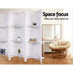 Artiss white 8 panel folding room divider screen with display shelves, solid Paulownia wood panels