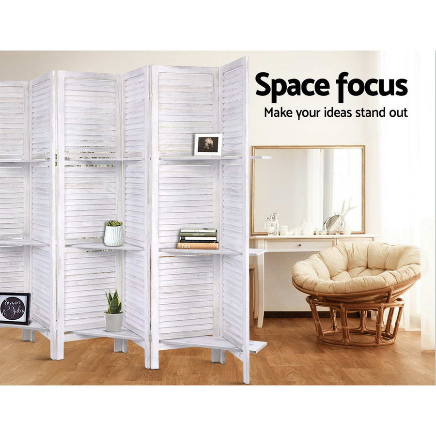 Artiss white 8 panel folding room divider screen with display shelves, solid Paulownia wood panels