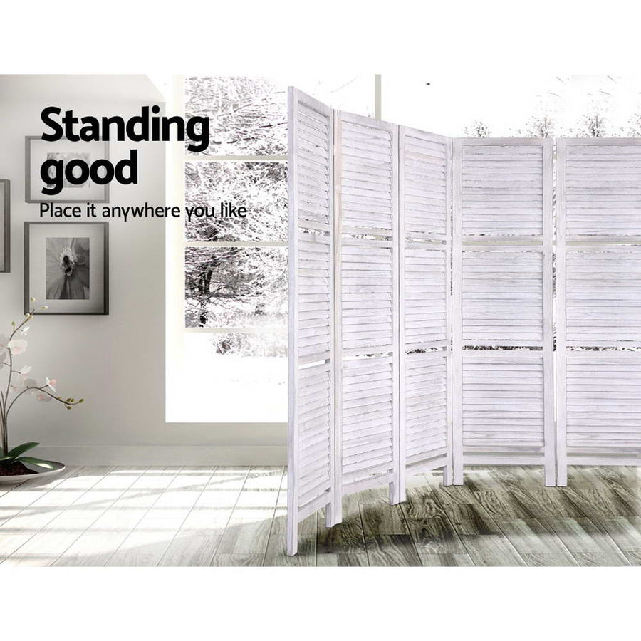 Artiss white 8 panel folding room divider screen with display shelves, folded panels for storage