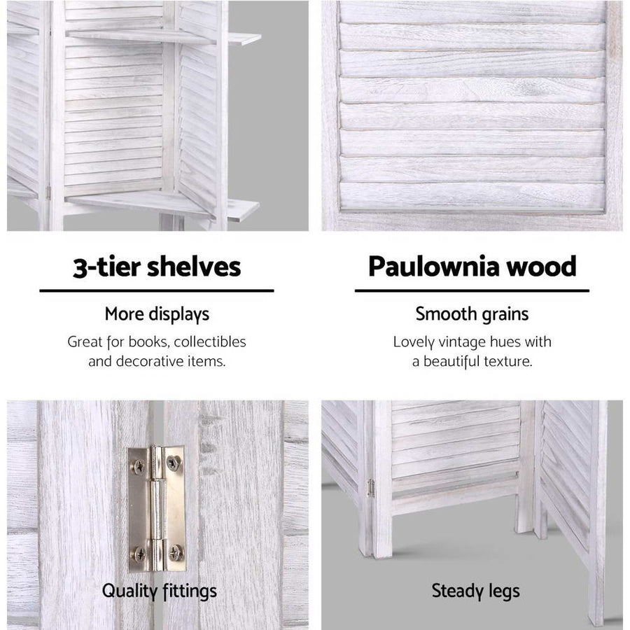 Artiss white 8 panel folding room divider screen with display shelves, image 6