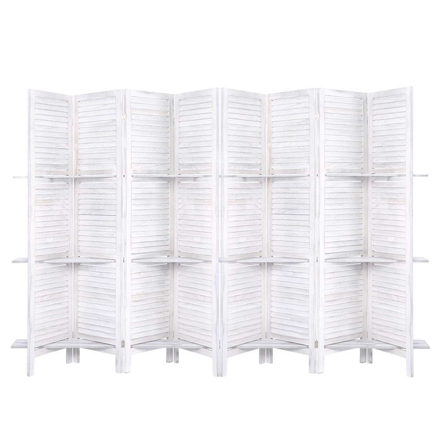 Artiss white 8 panel folding room divider screen with display shelves, image 8