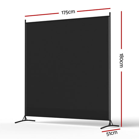 Artiss black fabric room divider screen, 175x180cm single panel, powder-coated metal tube frame