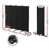 Artiss Black 4-Panel Folding Room Divider with Wheels - 217cm Height - Front View