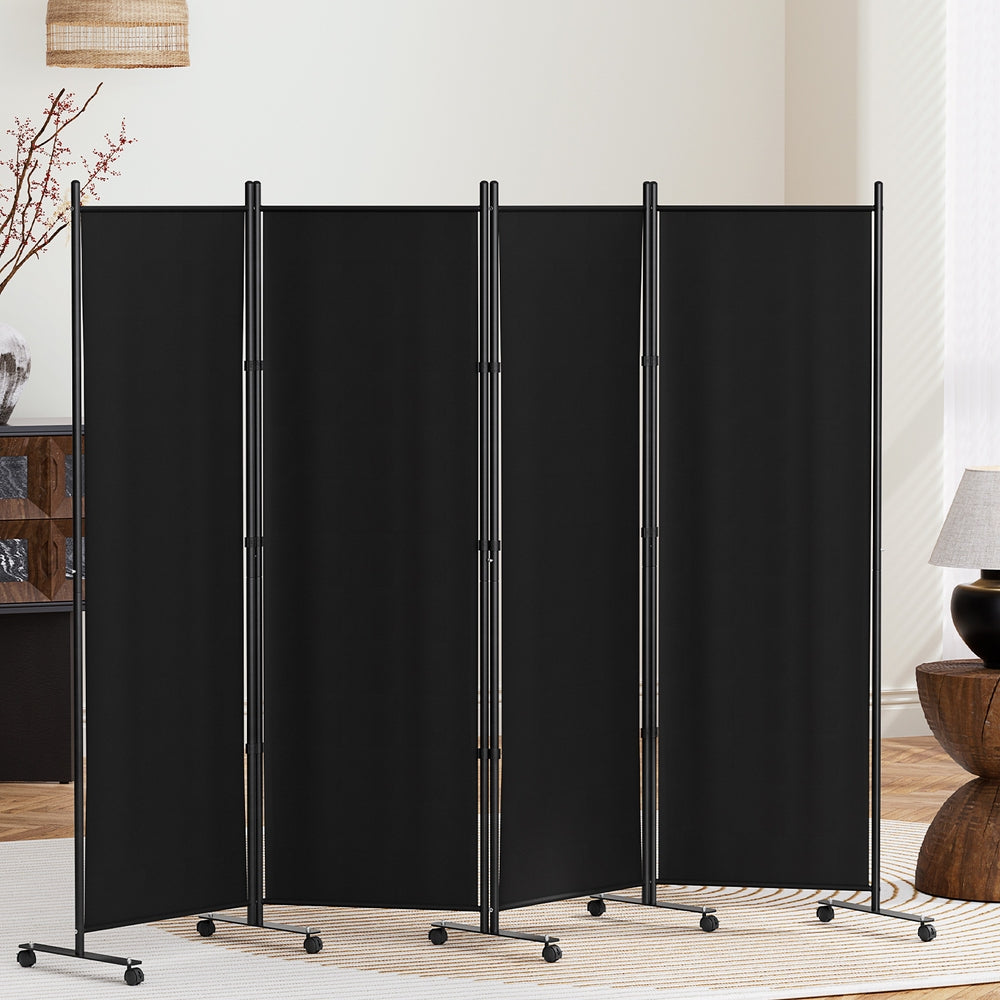 Artiss Black 4-Panel Folding Room Divider with Wheels - 217cm Height