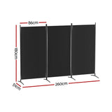 Artiss 3 Panel Room Divider Screen 260x180cm Fabric Black - Front View