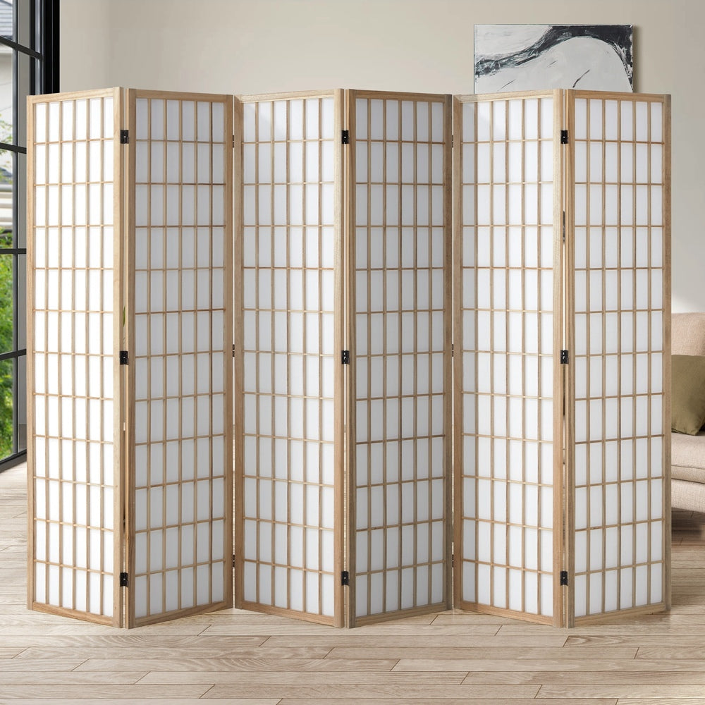 Oikiture 6 Panel Room Divider Timber Farbic Natural