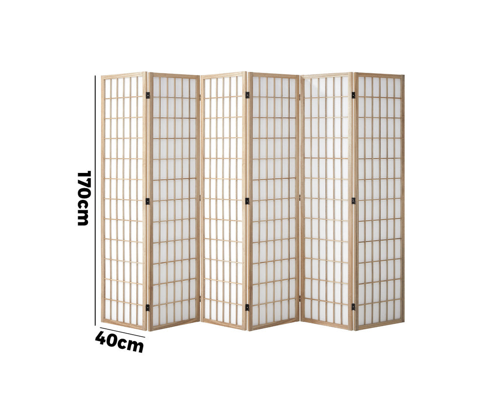 Oikiture 6 Panel Room Divider Timber Farbic Natural