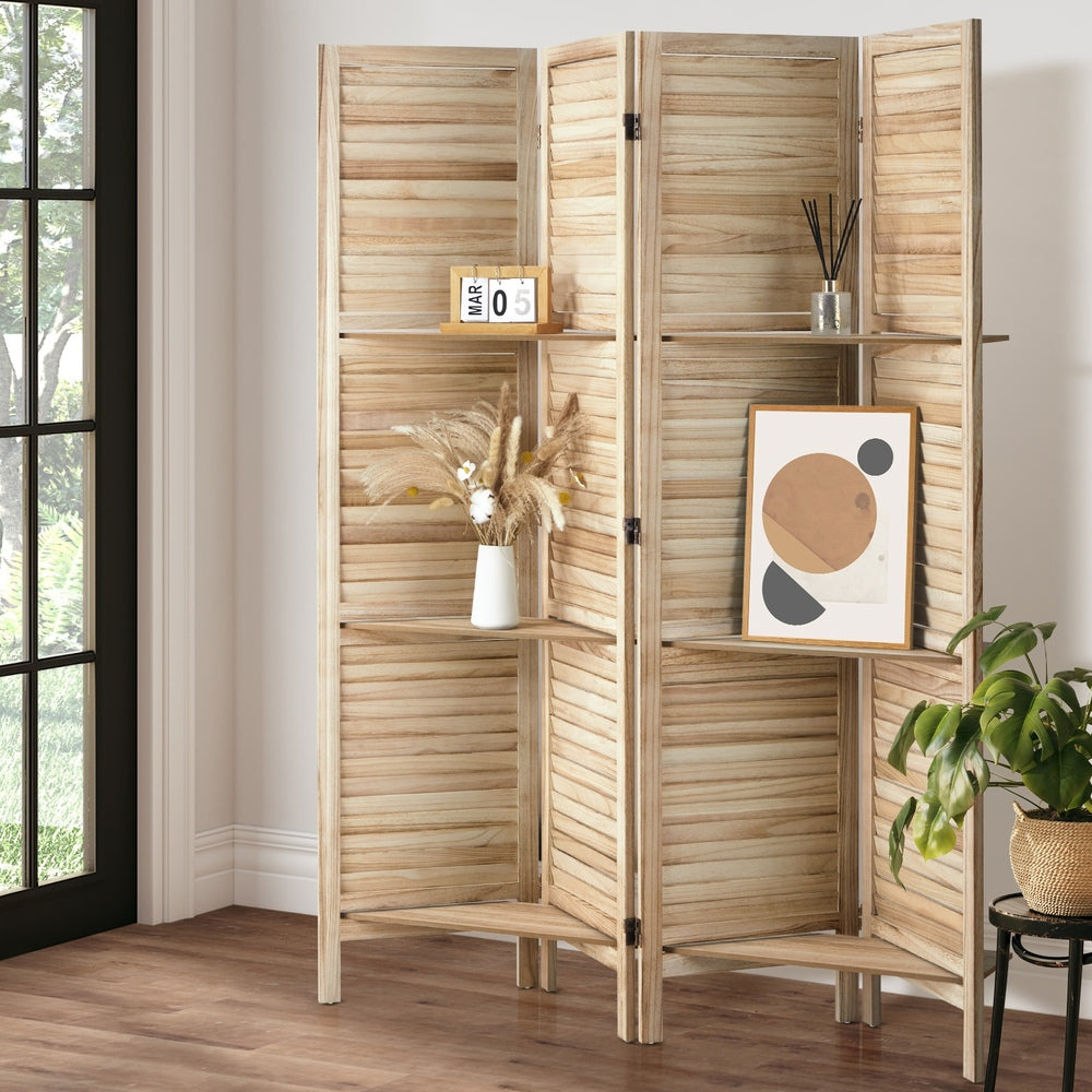 Oikiture 4 Panel Room Divider With Shelves Timber Wooden Natural