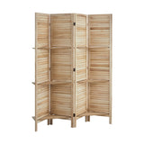 Oikiture 4 Panel Room Divider With Shelves Timber Wooden Natural