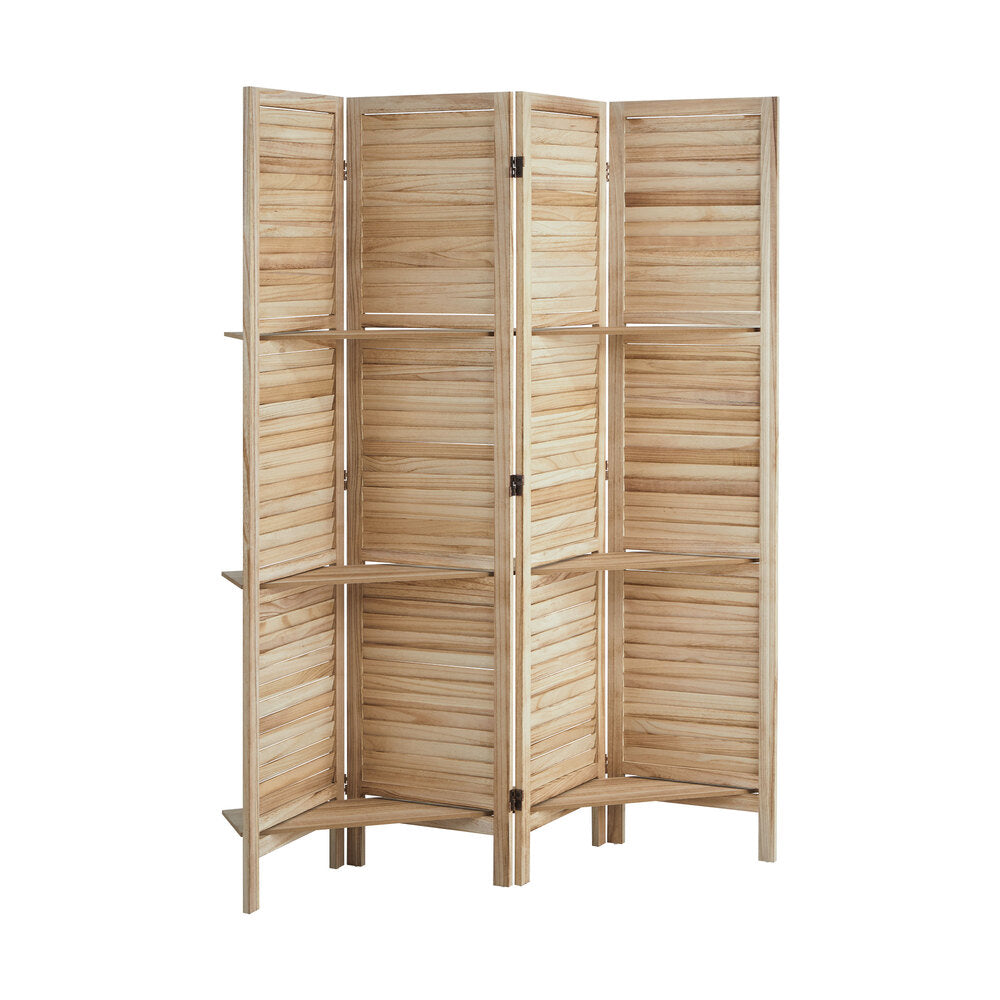 Oikiture 4 Panel Room Divider With Shelves Timber Wooden Natural