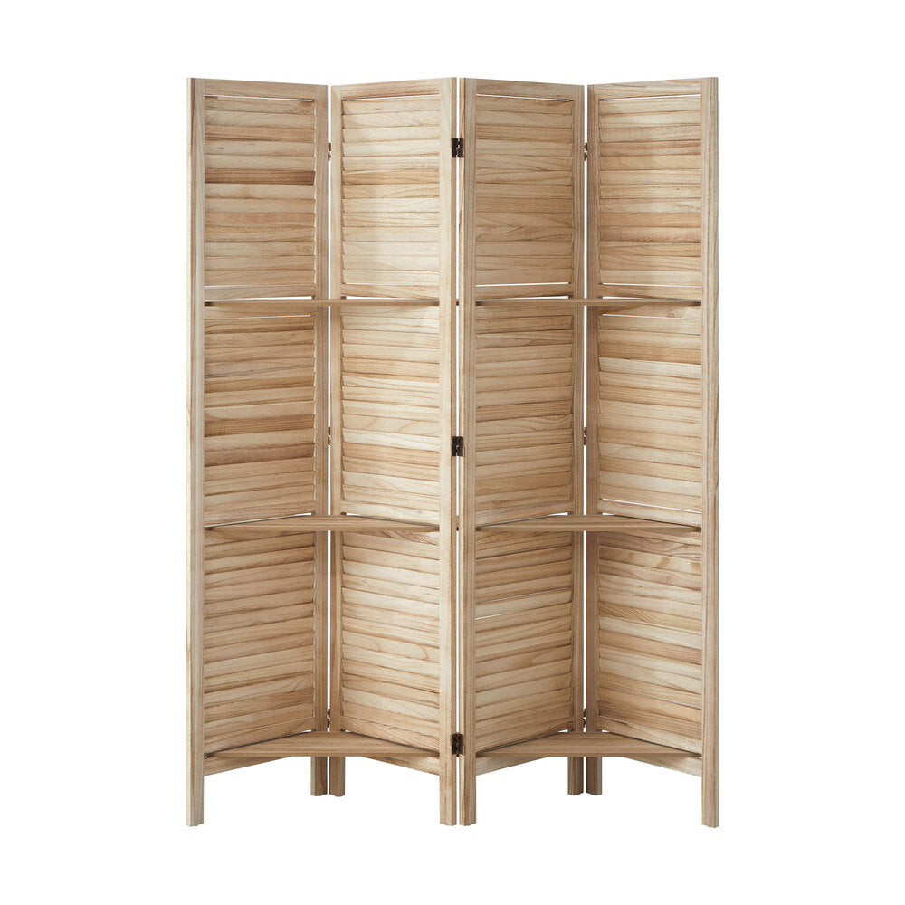 Oikiture 4 Panel Room Divider With Shelves Timber Wooden Natural